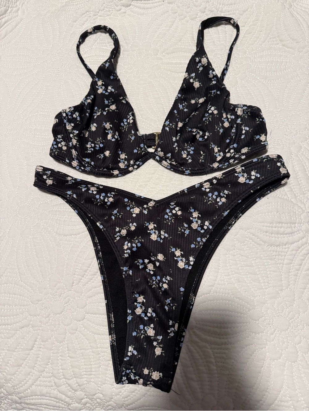 Hollister Black Floral Bikini‎ Set - Blue & White Flowers